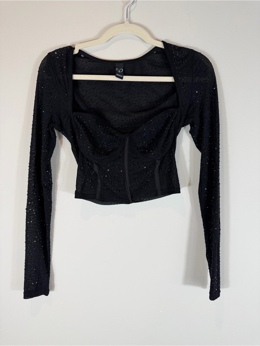 Windsor Black Sparkle Beaded Long-Sleeve Crop Bustier Size Medium